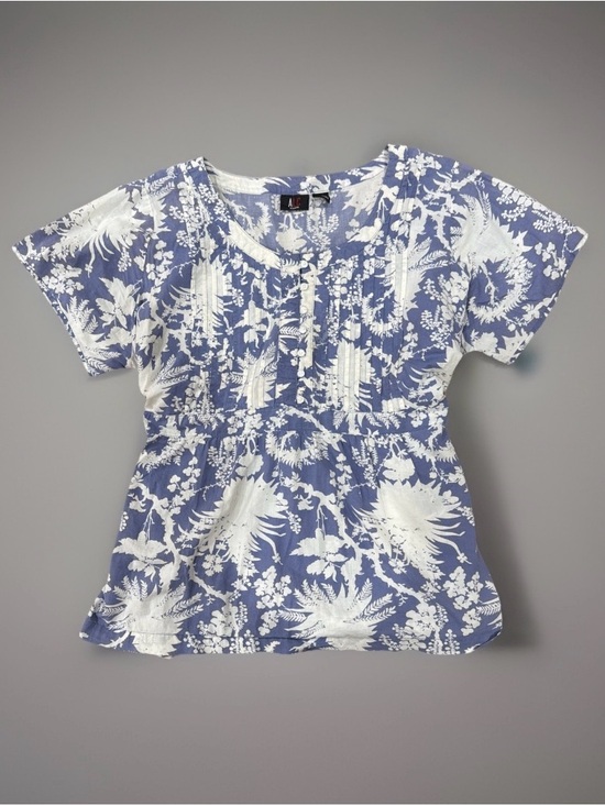 A.L.C. Tops - ALC Women’s Blouse 2X Blue White Floral 100% Cotton Summer Top Short Sleeve
